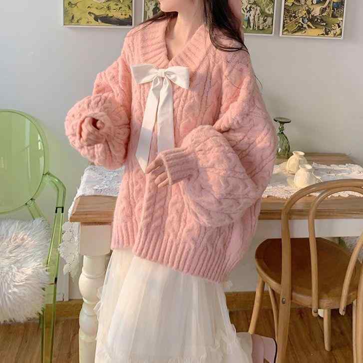 ニット レディース Vネック ピンク系 プルオーバー セーター ゆったり 泡袖 秋冬 あったか 暖かい かわいい ガーリー フェミニン