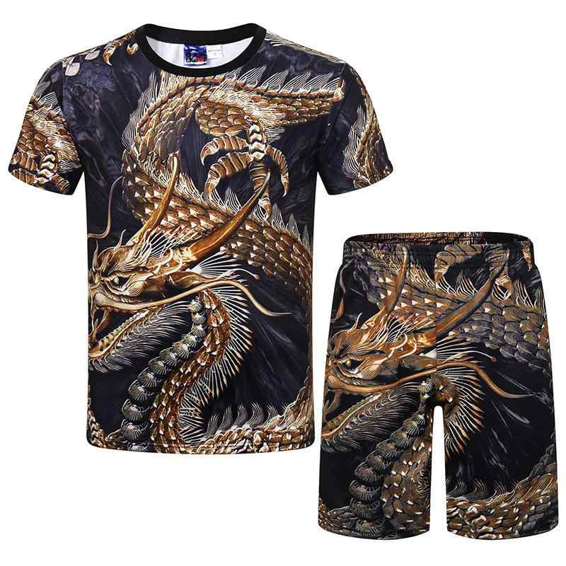 Tシャツ 短パン メンズ カジュアルセットアップ 3Dプリント 龍柄 スポーツウェア ファッション 黒 ブラック 春夏 普段使い 部屋着