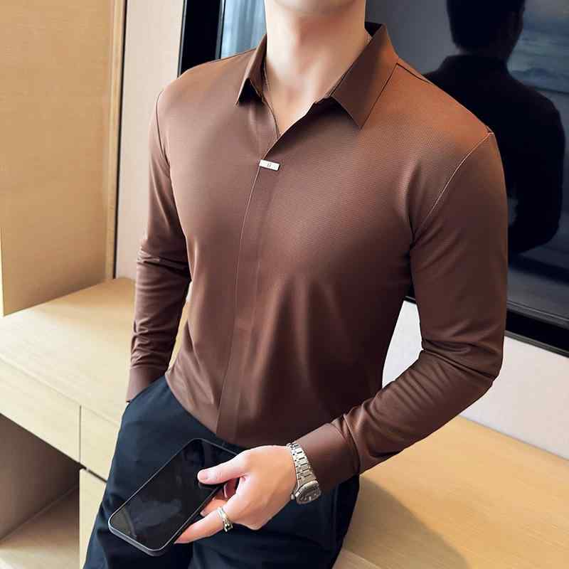 ポロシャツ メンズ Vネック 長袖 Tシャツ トップス 接触冷感 ストレッチ 無地 スリム 韓国風 ファッション 秋冬 カジュアル