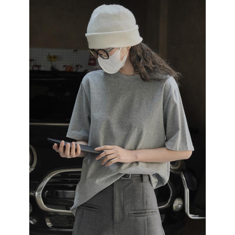 Tシャツ レディース 韓国風 ゆったり 柔綿 厚手 無地 トップス カットソー 半袖 ラウンドネック ドロップショルダー 切り替え カジュアル 普段使い ルームウェア 春夏｜シャドーテール