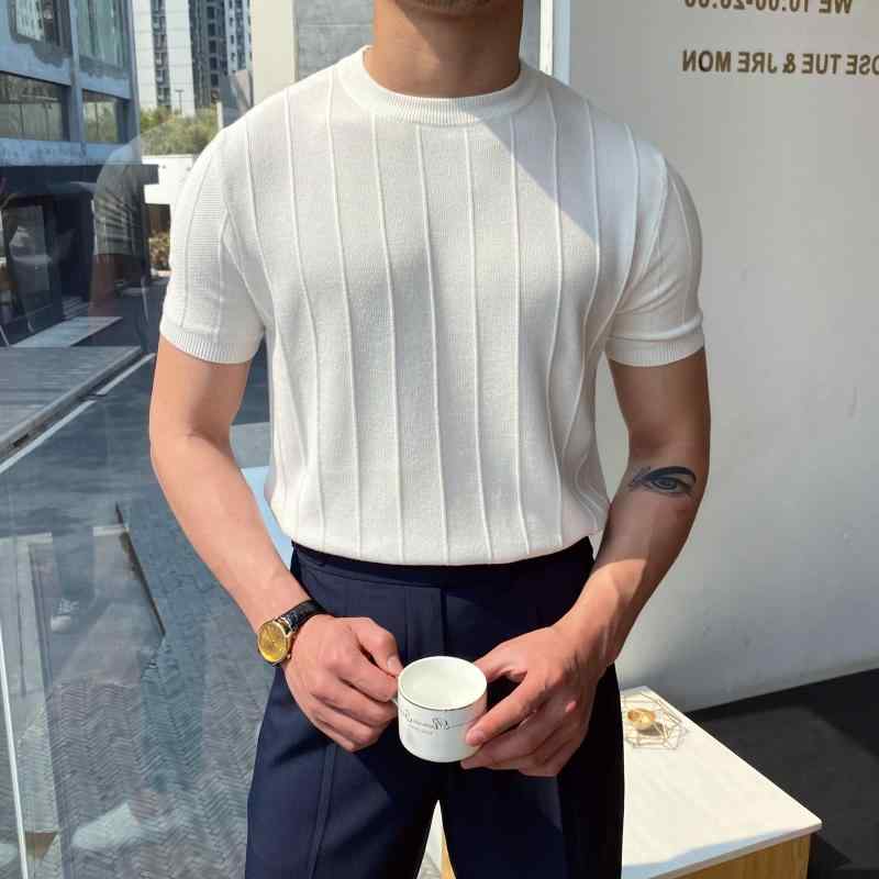 Tシャツ メンズ 半袖 ニット 薄手 カットソー スリム 無地 ポリエステル 接触冷感 トップス 春夏 ブラック ホワイト グレー ブルー ベージュ