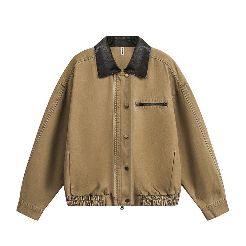 ジャケット メンズ Gジャン デニム 春秋 ウォッシュ加工 古着風 ストリート カジュアル 配色 PUレザー襟 長袖 S M L XLサイズ ブラウン