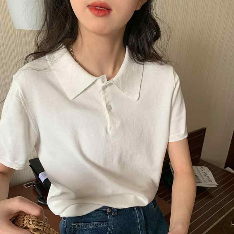 Tシャツ レディース 半袖 トップス ポロシャツ風 ニット かわいい 刺繍 綿 春夏 カットソー ショート丈 パフスリーブ ホワイト