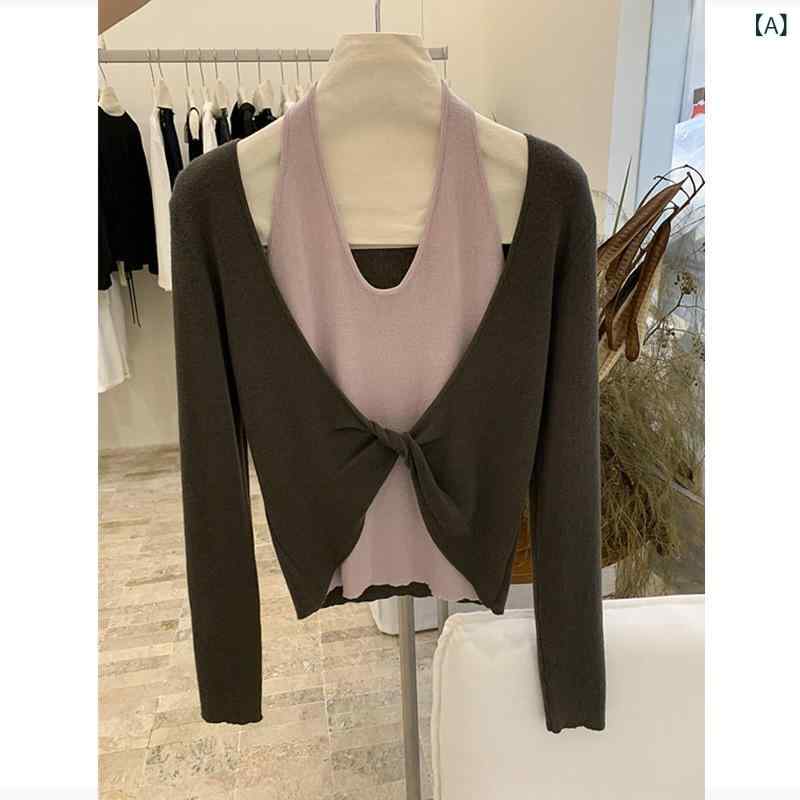 ニット レディース トップス 挂・岑風 フェイクレイヤード 配色 リブニット 長袖 プルオーバー ゆったり 日韓スタイル カジュアル かわいい 普段使い 秋冬