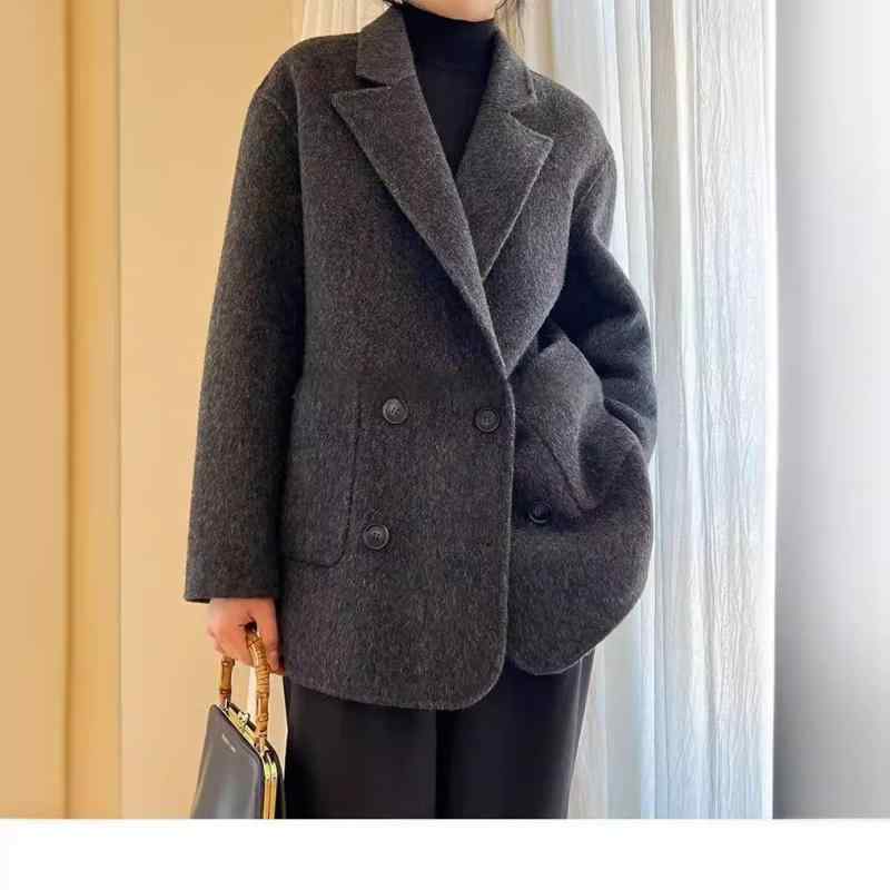 コート レディース 小柄 ダブルフェイス 羊毛 ウール ミドル丈 高級感 スーツ襟 アウター 黒 ブラック グレー 黄色 イエロー ゆったり 通勤｜シャドーテール