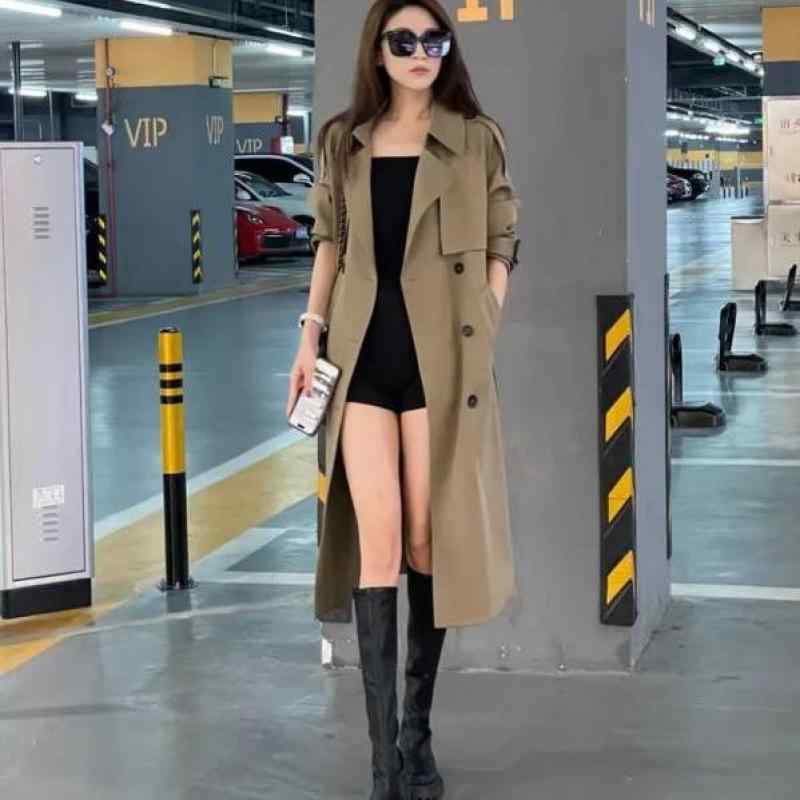 トレンチコート レディース 時間 ダブル乳ぶさ ロング丈 ゆったり アウター ポリエステル 黒いこと 黒 薄墨色 緑 カーキ ベージュ 体型押しかぶせる 通い レディースファッション-コート・ジャケット