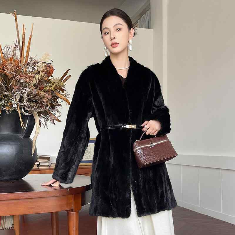 コート レディース リアルファー ミンク Vネック 本革 切り替え ロング丈 ブラック M L XL XXL 通勤 秋冬|シャドーテール