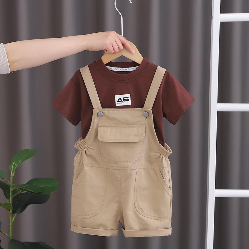 子供用セットアップ 半袖Tシャツ オーバーオール風ショートパンツ 2点セット 夏服 男の子 無地 綿 薄手 赤茶色 ダークグレー 80cm 90cm 100cm 110cm 120cm カジュアル