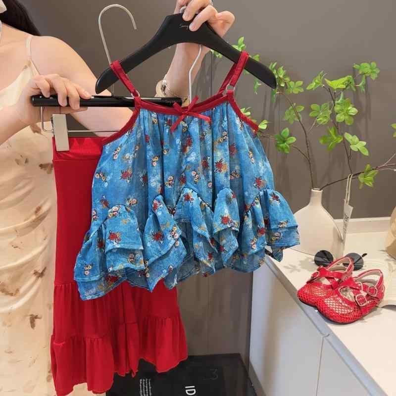 子供用セットアップ 夏物 女の子 サマー バケーション スタイル キャミソール トップス 喇叭パンツ 薄手 花柄 80cm 90cm 100cm 110cm 120cm 130cm 140cm