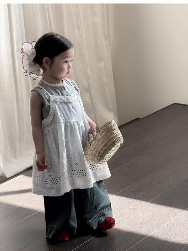 子供服 パンツセット 女児用 デニムパンツ キャミソール セットアップ 春夏 薄手 かわいい おしゃれ 普段着 レース コットン