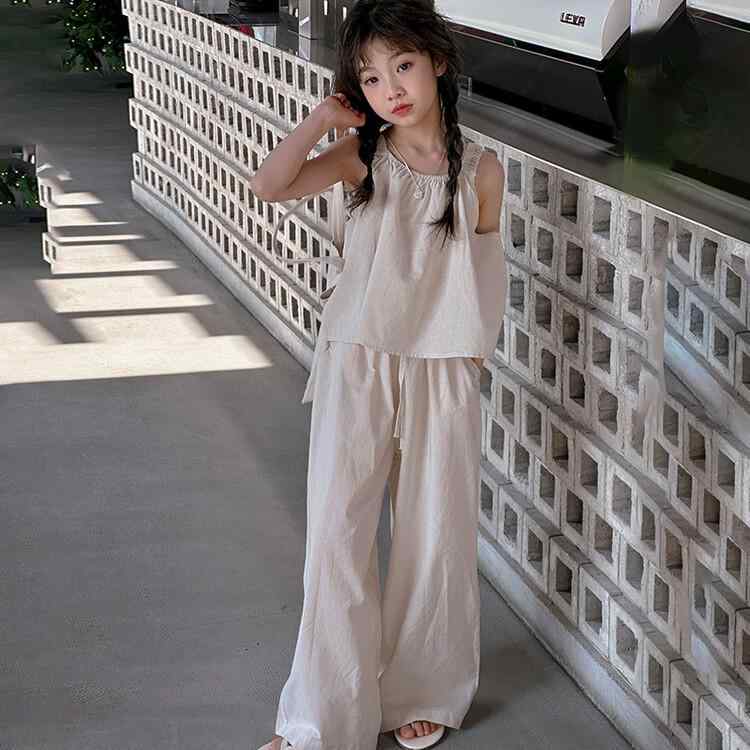 子供用パンツ セットアップ 女の子 夏 綿麻 サロペット ワイドレッグパンツ 2点セット ミドルキッズ 薄手 無地 かわいい ベージュ ピンク系