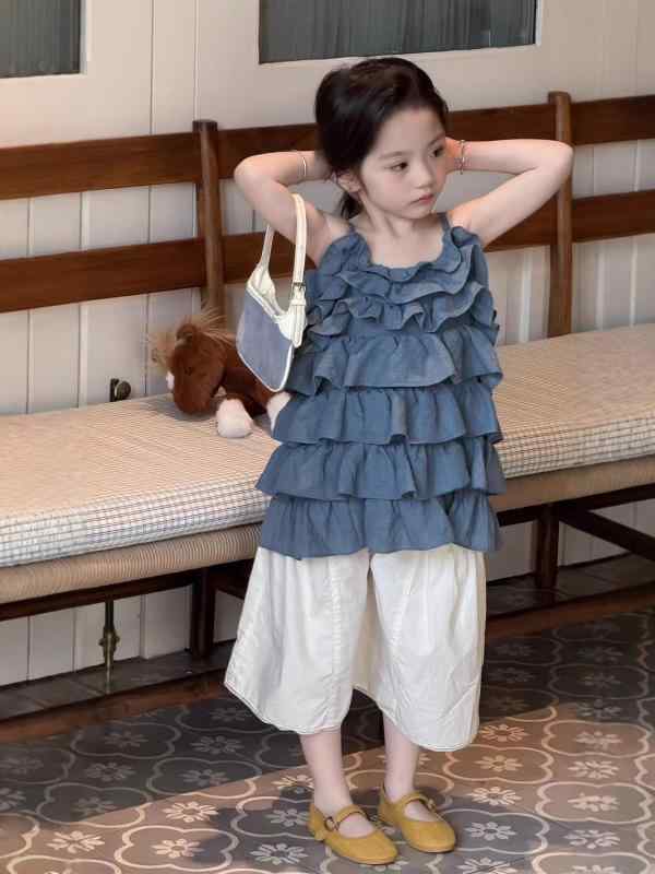子供服 女の子 パンツセット 夏物 韓国風 フリル ギャザー ブラウス ワイドパンツ 薄手 かわいい おしゃれ ガールズ 上下 2点セット