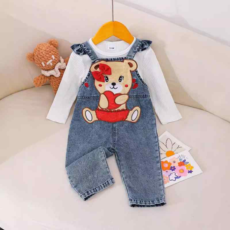 キッズ デニム オーバーオール セットアップ かわいい クマ柄 プリント 長袖 トップス パンツ 上下セット 柔らかい ポリエステル 普段着 天ブルー 0歳 1歳