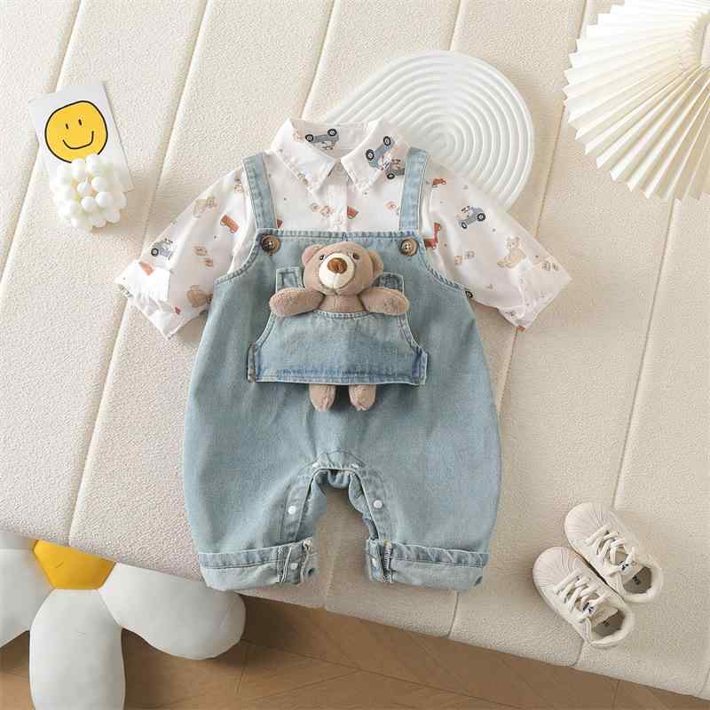 ベビー服 上下セット 春秋 長袖 ロンパース デニム サロペット 2点セット 赤ちゃん 幼児 かわいい おしゃれ コットン100% ブルー 73CM 80cm 90cm 100cm