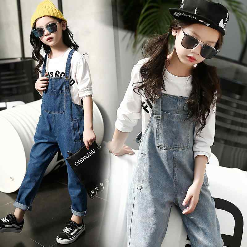 子供服 キッズ 女の子 デニム サロペット ロングパンツ 春秋 中大児童 100%綿 浅ブルー 深ブルー