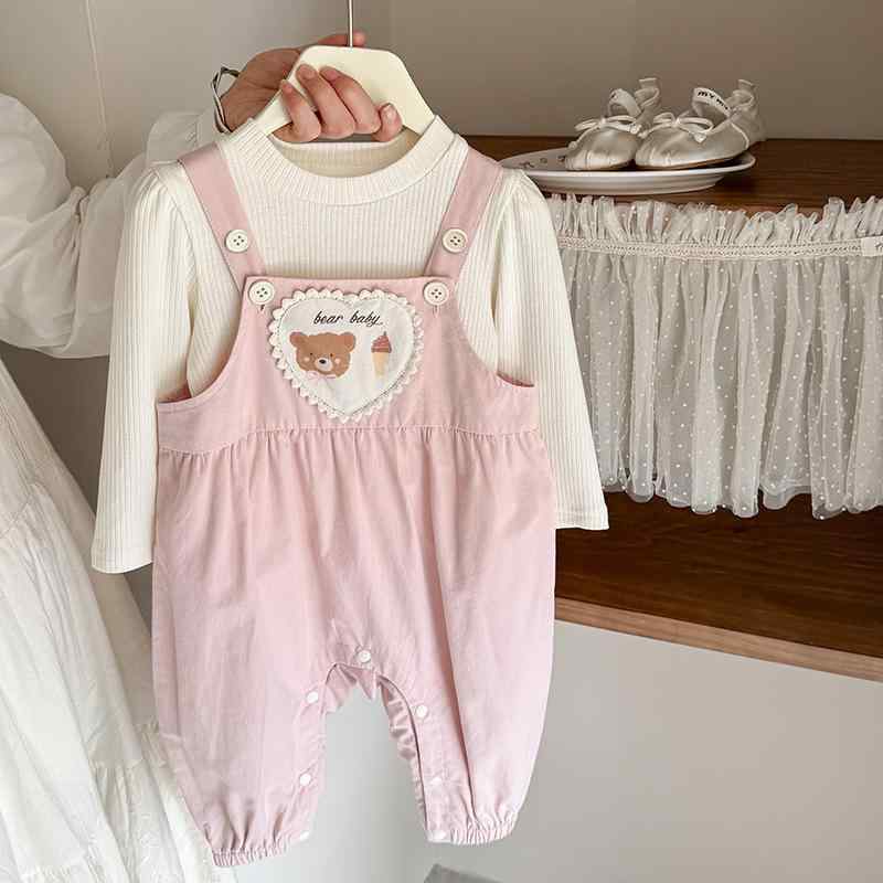 ベビー服 上下セット 長袖トップス サロペットパンツ 2点セット 春秋 70 80 90 100cm 綿混紡 かわいい ピンク系