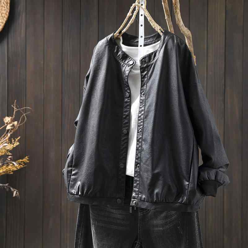 上衣 レディース 春物 韓国風 ゆったり 途轍も無い大いさ 小っちゃい PUなめし革 ライダース 米白 黒 薄墨色 緑 コート・ジャケット-レディースファッション