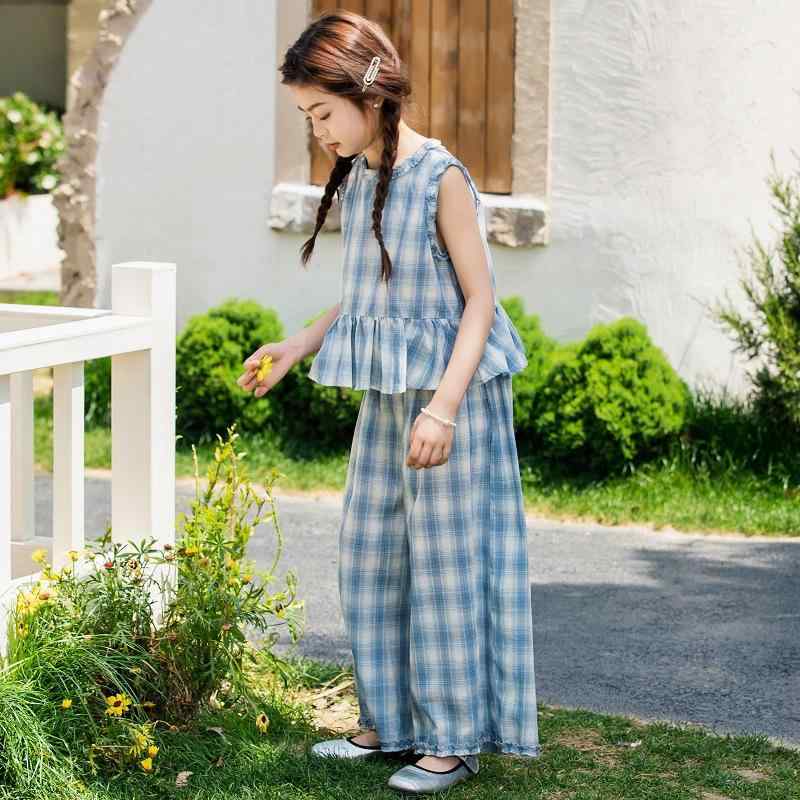 子供用セットアップ 女の子 夏 格子柄 キャミソール ワイドレッグパンツ 2点セット 通園 普段使い ポリエステル かわいい