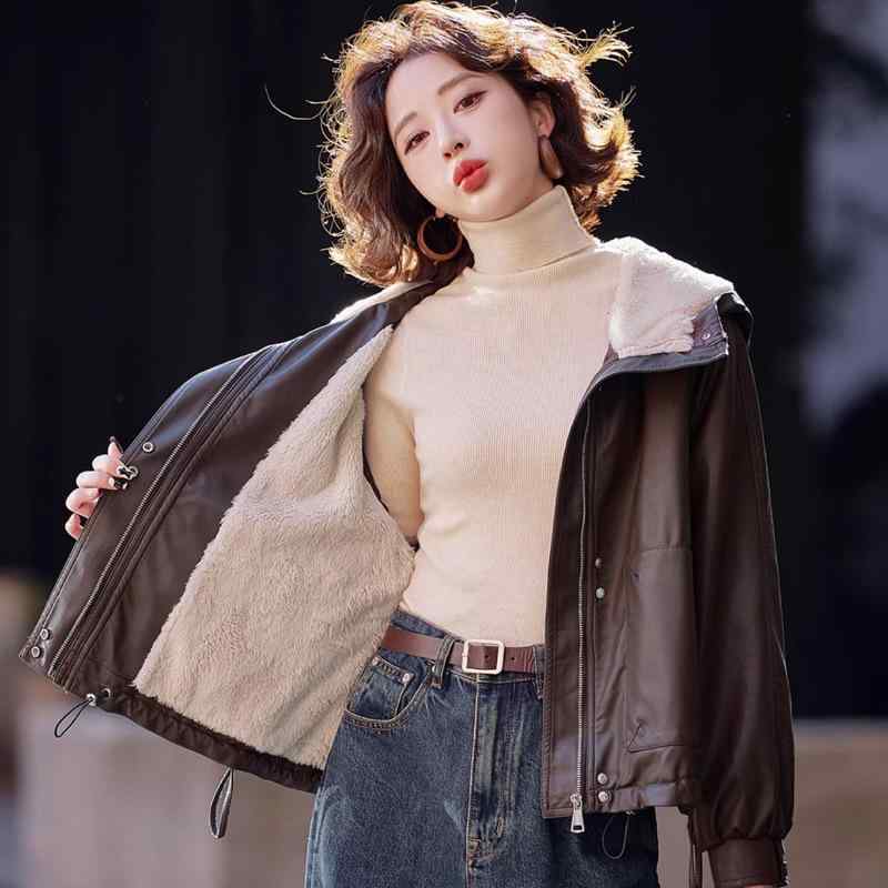 ジャケット レディース フード付き レザー 秋冬 裏起毛 ゆったり oversized 体型カバー ブラック ブラウン｜シャドーテール
