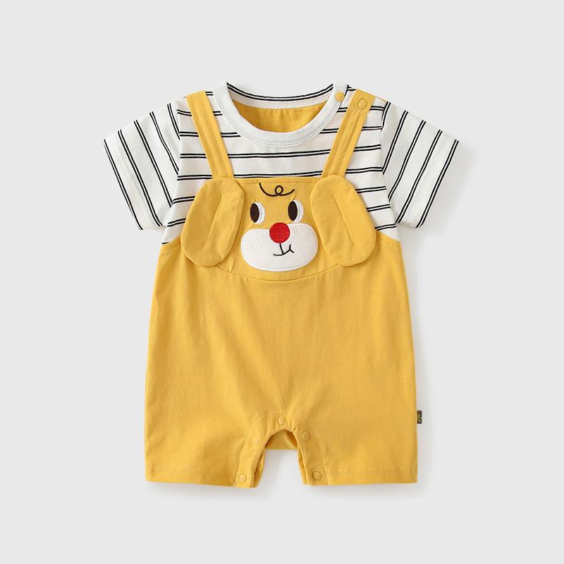 ベビー服 ロンパース 春夏 男の子 かわいい 小犬 立体耳付き 新生児 コットン 短袖 薄手 外出着 イエロー