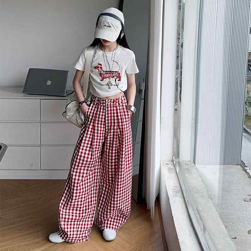 子供用Tシャツ パンツセット 女の子 夏服 半袖Tシャツ チェック柄 ワイドレッグパンツ 2点セット 薄手 普段着 部屋着 韓国風 かわいい ガールズ キッズ ジュニア 120 130 140 150 160 170cm