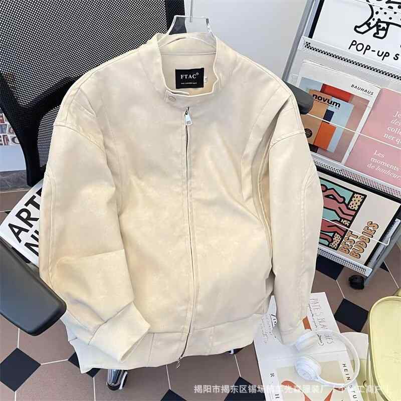 ジャケット 男性用 レザージャケット 春秋 パッチワーク 配色 ブルゾン スタジャン風 PUレザー 灰色 カーキ色