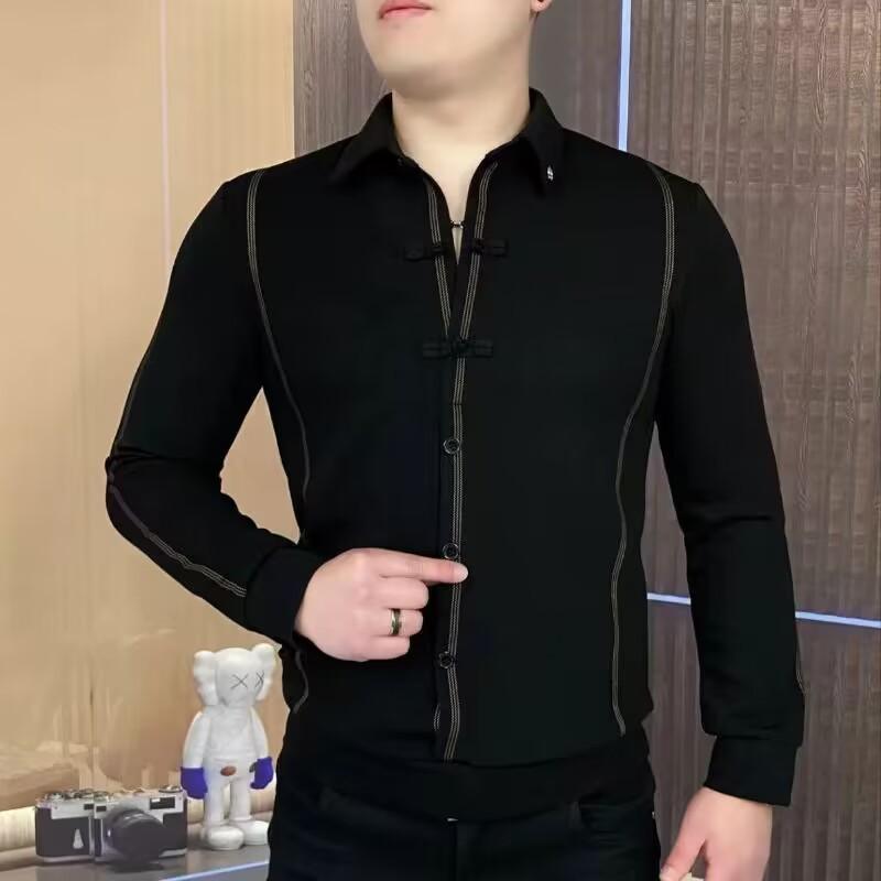シャツ メンズ 長袖トップス ストライプ柄 コットン混紡 スリムフィット 普段使い 韓国風 黒