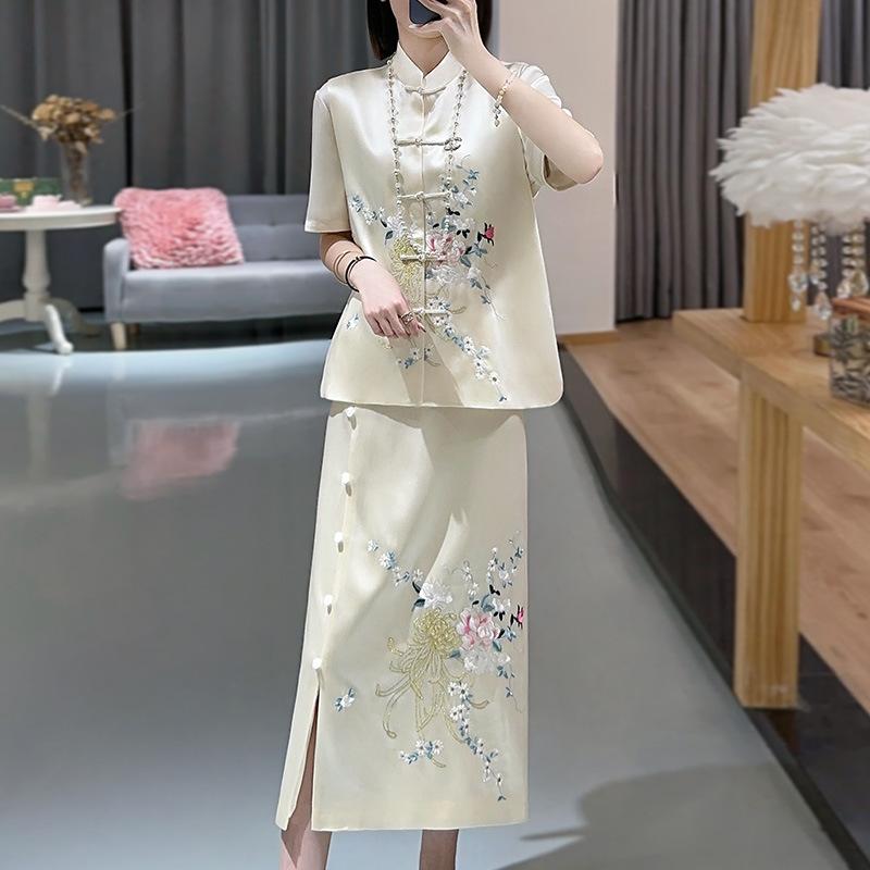 セットアップ レディース 高級感 酢酸 マキシ丈スカート ノースリーブ ベスト 中華風 刺繍 エレガント ピンク系 ベージュ 普段使い