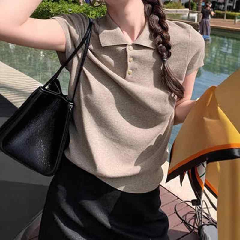 ニット レディース ポロシャツ 半袖 Tシャツ トップス 綿 ポリエステル 切り替え 無地 ゆったり スリム 燕麦色 イエロー ブラック ホワイト