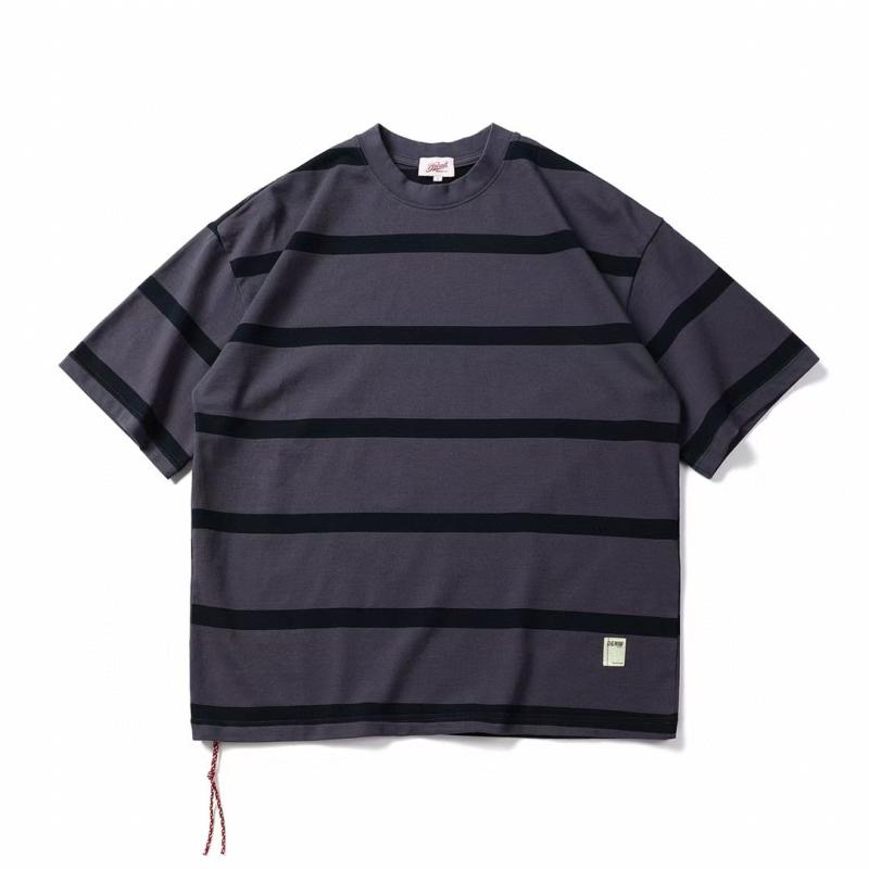 Tシャツ メンズ 男性用 トップス 半袖 コットン ストライプ柄 ルーズフィット クルーネック カットソー 綿100% カジュアル 普段使い 春夏 紫 蘭色 米白 黒 灰緑