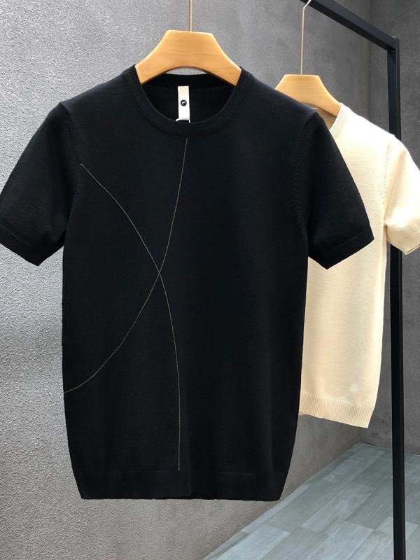 ニット メンズ 半袖 杏色 トップス 韓国風 ポリエステル 短袖Tシャツ カットソー スリム 無地 クルーネック プルオーバー デイリー 普段使い
