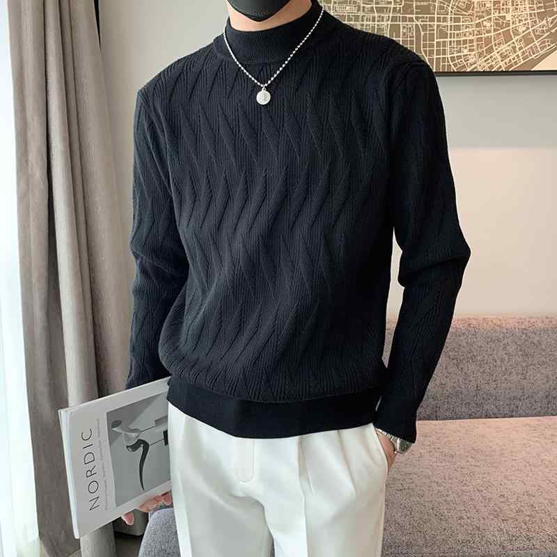 ニット メンズ 丸首 長袖 薄手 プルオーバー 提花 トップス カットソー 秋冬 普段使い 韓国風 ポリエステル ブラック ホワイト グレー カーキ