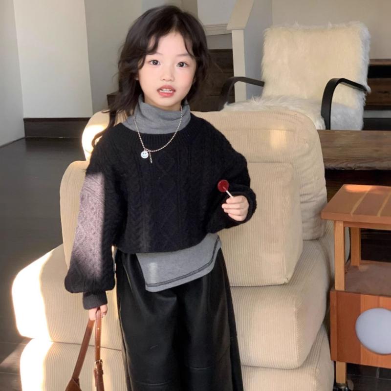 ニット・セーター キッズ・ガールズ 韓国風 子供服 トップス 厚手 ケーブル編み 丸首 長袖 コットン 秋冬 ブラック グレー 90cm 100cm 110cm 120cm 130cm 140cm 150cm かわいい 普段使い