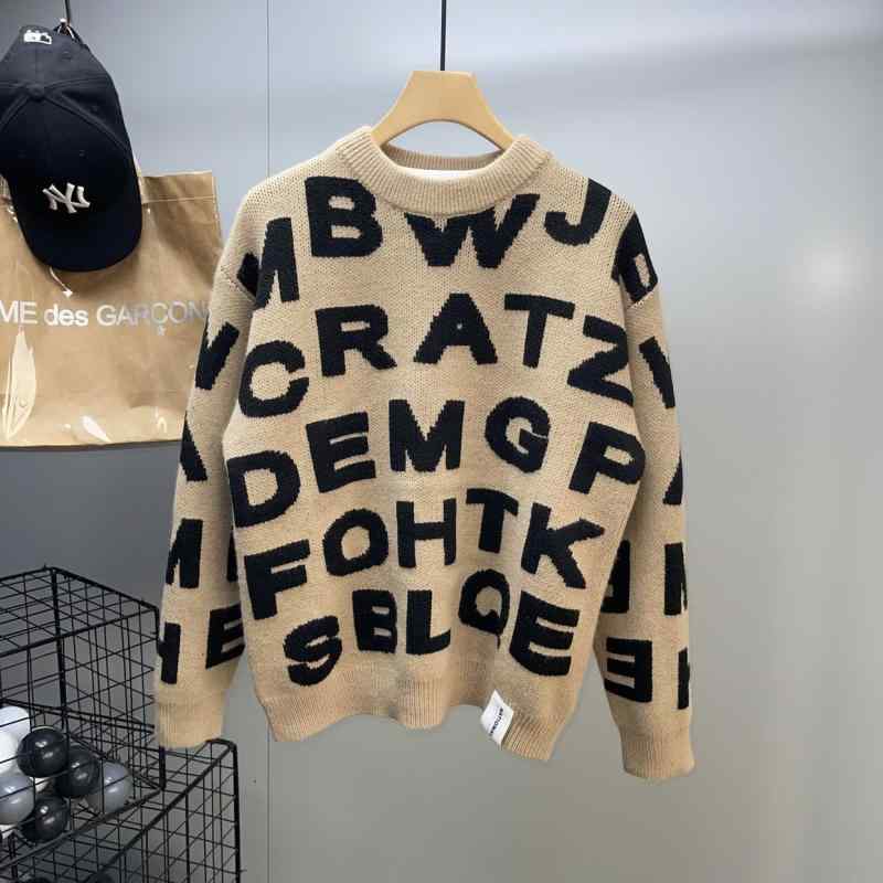 ニット メンズ 冬物 アルファベット柄 ジャガード編み ルーズフィット 厚手 ラウンドネック トップス ストリート風 カジュアル ブラック ブルー カーキ色