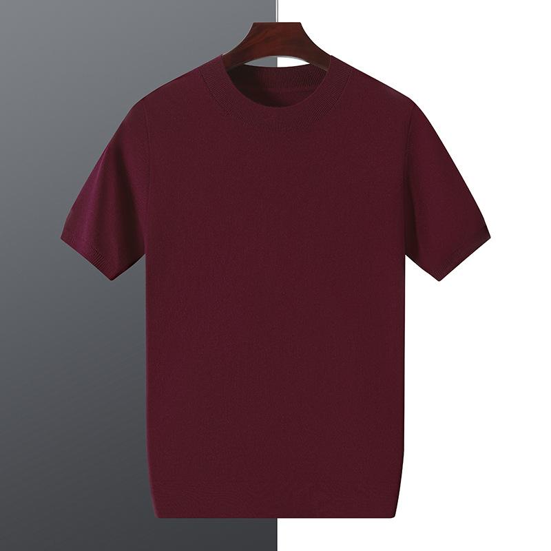 ニット メンズ 羊毛混紡 半袖 Tシャツ 春夏 ハーフハイネック プルオーバー 無地 薄手 ビジネス カジュアル トップス 普段使い リブ 伸縮性 青 紺 赤 黒｜シャドーテール