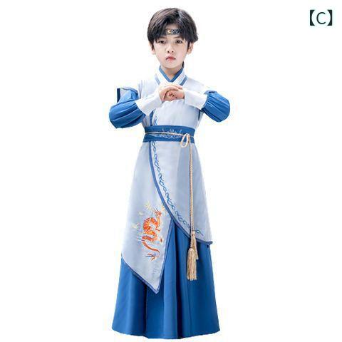 子供用チャイナドレス 男の子 唐装 コスチューム 春秋 中国風 侠客 書生 国学 演出服 ポリエステル 無地 セットアップ 110cm 120cm 130cm 140cm 150cm 160cm 170cm