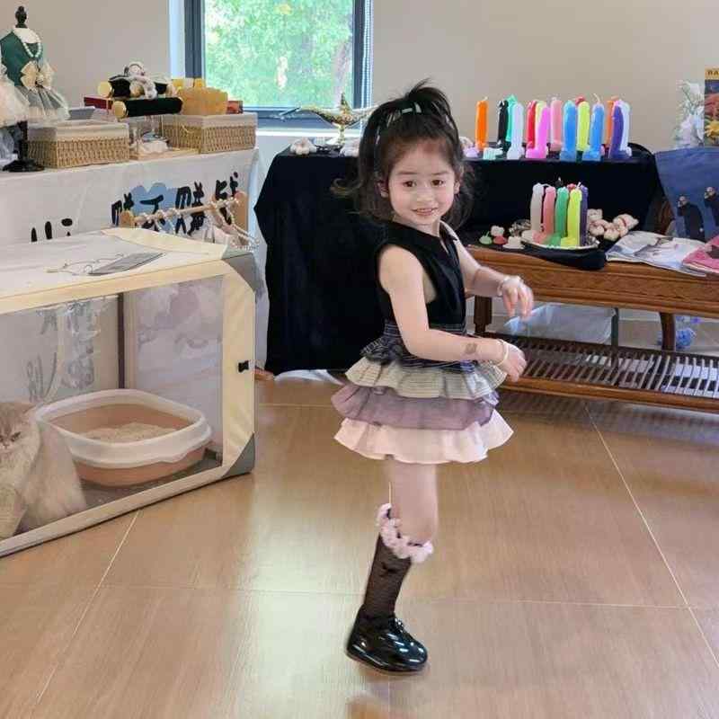 キッズ ワンピース セットアップ 女の子 夏物 半袖 トップス チュニック スカート 上下 2点 セット 子供服 かわいい おしゃれ 普段着 通園 通学 ブラック ピンク系 90 100 110 120 130 140