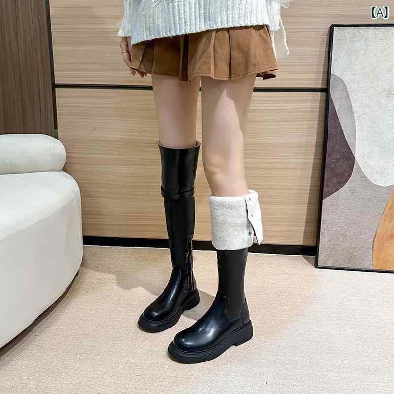 ブーツ レディース 成人女性用 成人女性靴 膝丈 平ったい踵 置き目踵 本革 なめし革 ロングブーツ 乗り尻ブーツ ラウンドトゥ 粗め踵 心地好い表現スタイル 普段使い走り 秋冬 黒 黒いこと 茶 赤銅色