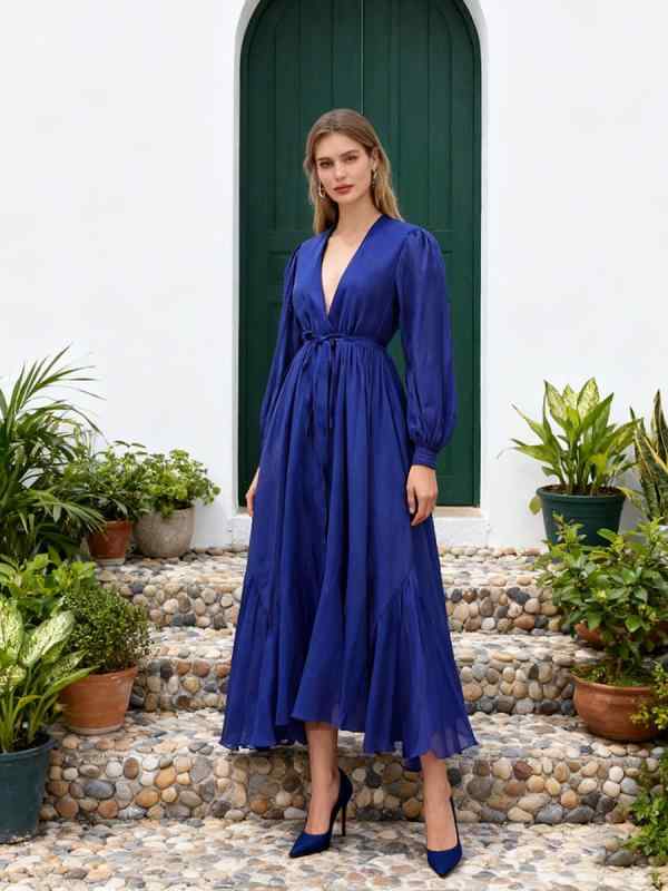 ワンピース レディース Vネック 長袖 高腰 ロング丈 無地 切り替え 荷葉辺 深青色 S M L ポリエステル 綿 混紡 フランス風 气??雅 パーティードレス フォーマル 高級感