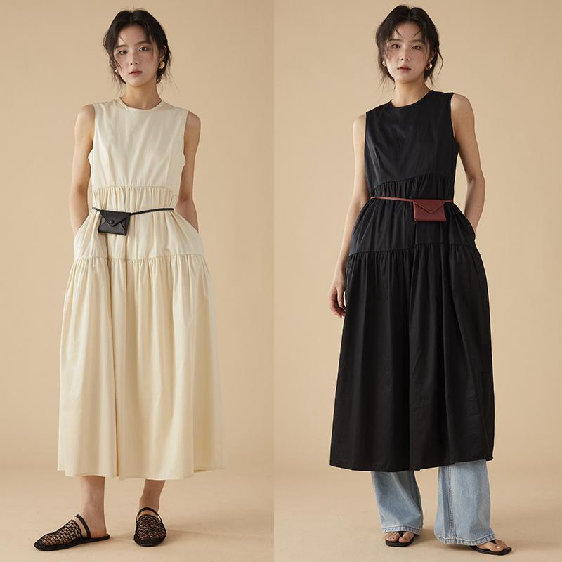 衣装 レディース 春夏 ノースリーブ A生産ライン ロング 高押し出し 無地 衣嚢付き添い人 綿100% 綿織物 ゆったり 好いたらしい 冷やりとした 着痩せ成り行き 心地よい 好いたらしいめ 黒いこと 象牙色