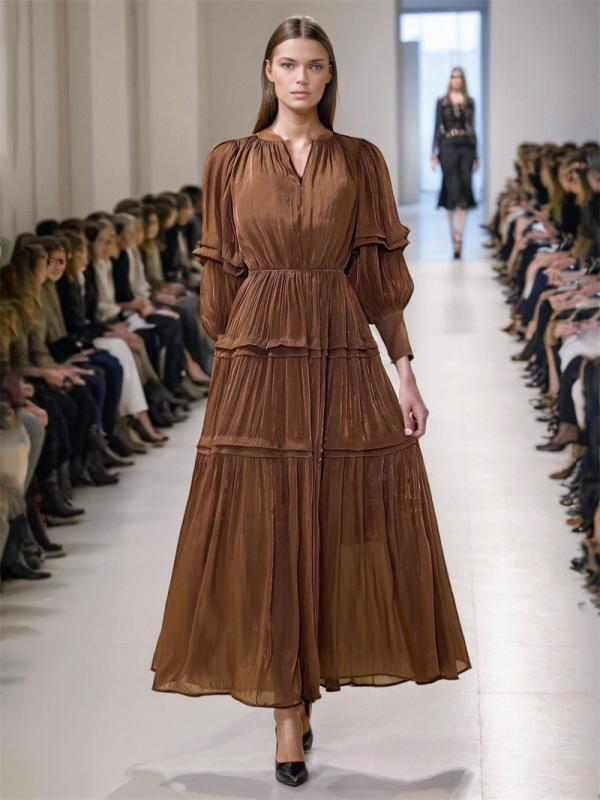 ワンピース レディース 春夏 Aライン Vネック ロング丈 高見え パーティードレス ランタンスリーブ 無地 ゆったり elegant フェミニン 私服名媛風 白 黄色 黒 コーヒー色 ポリエステル