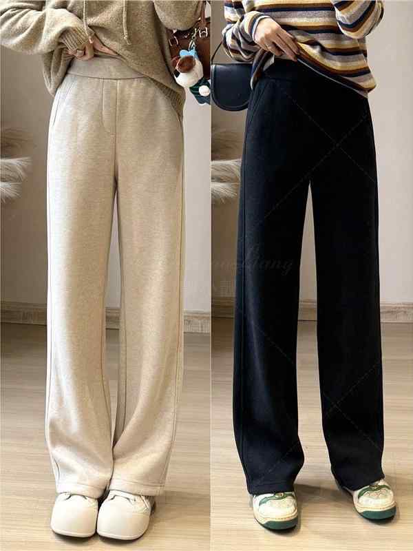 パンツ レディース 秋冬 ウール混紡 ワイドレッグパンツ ストレートパンツ ハイウエスト 厚手 暖かい 防寒 カジュアル 普段使い リラックス 伸縮性 グレー ブラック 黒