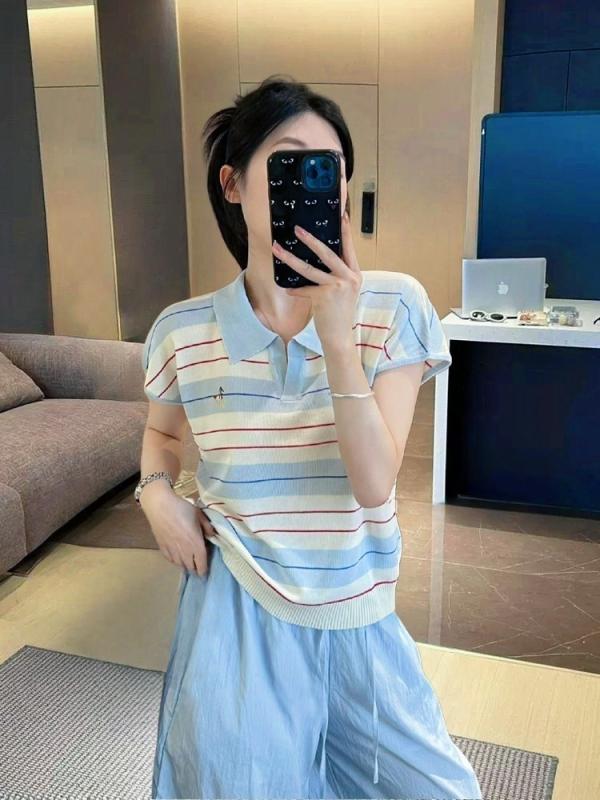 ニット レディース 小柄 ストライプ ポロシャツ風 トップス 半袖 Tシャツ プルオーバー 接触冷感 サマーニット