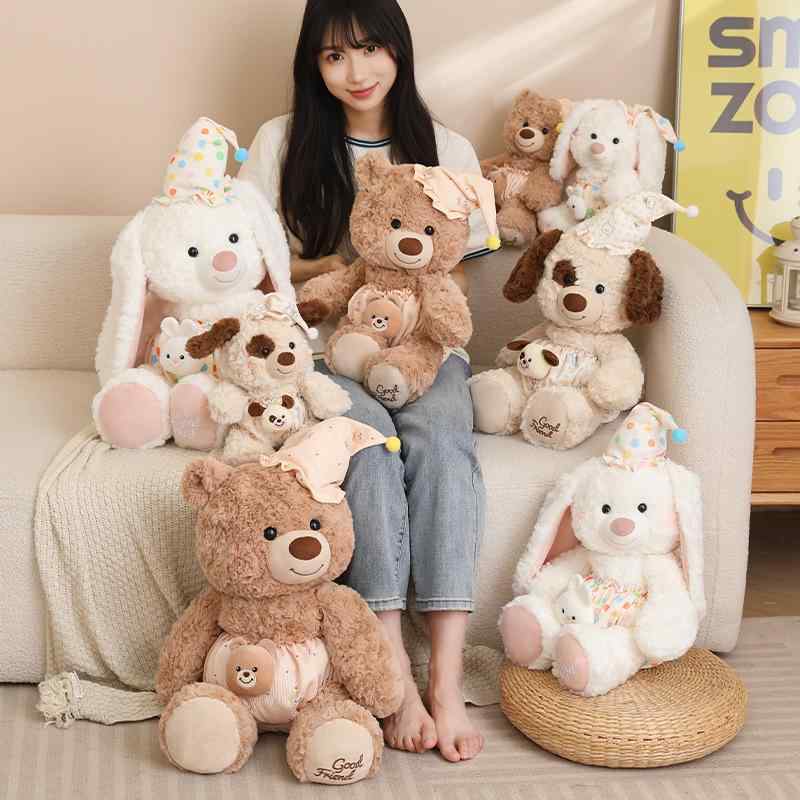 ぬいぐるみ ベビー ?兜付き 小熊 うさぎ 犬 PP綿 超柔短毛 坐高25cm 35cm 45cm かわいい 寝かしつけ おもちゃ 子供 ギフト