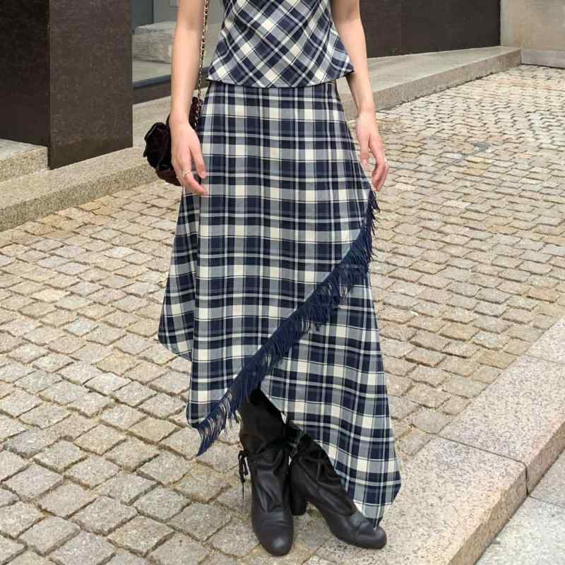 スカート レディース 秋冬 格子柄 Aライン ミモレ丈 レトロ 切り替え 普段使い