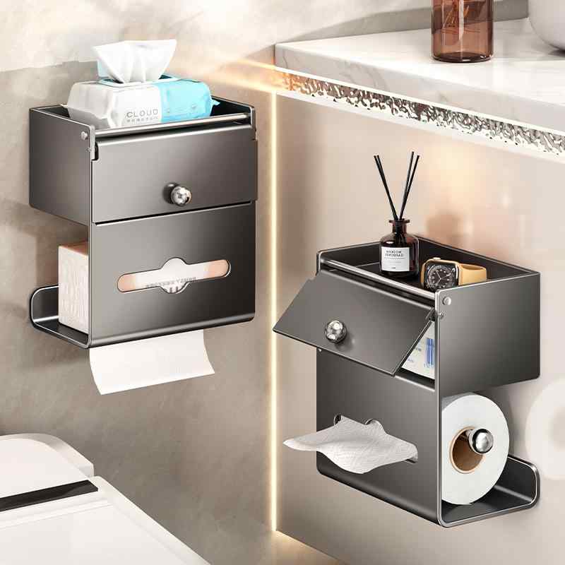 トイレットペーパーホルダー 炭素鋼 ロールペーパー ティッシュ ボックス 収納棚 浴室 洗面所 壁掛け 穴あけ不要 落下防止 多用途