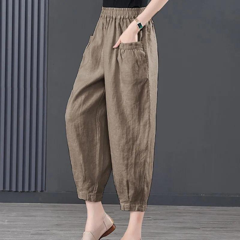 パンツ レディース ミセス 9分丈 ハーレムパンツ ゆったり 大きめサイズ 高齢者向け 高齢者 シニア ズボン 綿麻 春夏 薄手 百褶 ブラック グレー カーキ 杏色 墨緑 錆赤 ピンク系