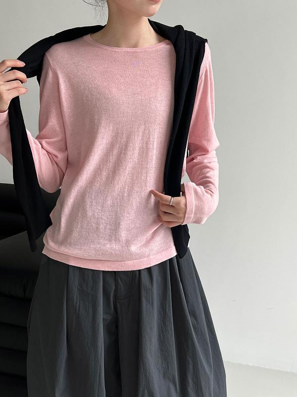 ニット レディース 柔らか ウール 長袖 Tシャツ ラウンドネック プルオーバー ゆったり 普段使い オフィスカジュアル ピンク系