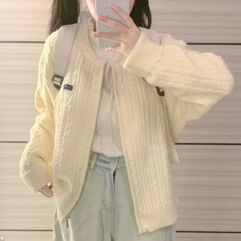 ニット カーディガン レディース 韓国風 フェミニン 柔らかい ケーブル編み トップス 長袖 アウター 羽織り ゆったり 普段使い デート オフィス 旅行 秋冬