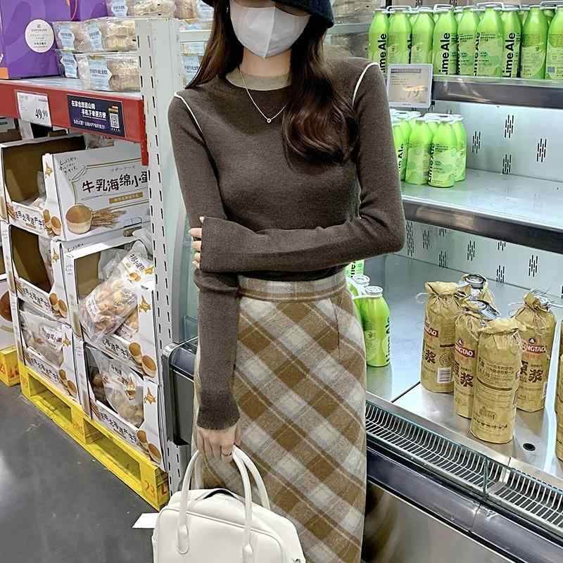 ニット レディース 秋冬 配色 切り替え 丸首 長袖 トップス インナー スリム 伸縮性 普段使い 通勤